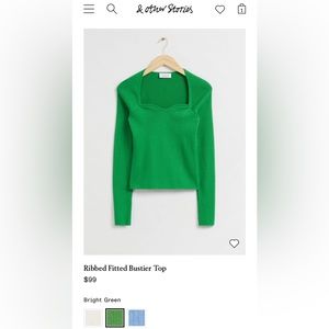 & other stories ribbed fitted bustier long sleeve top, Kelly green size s